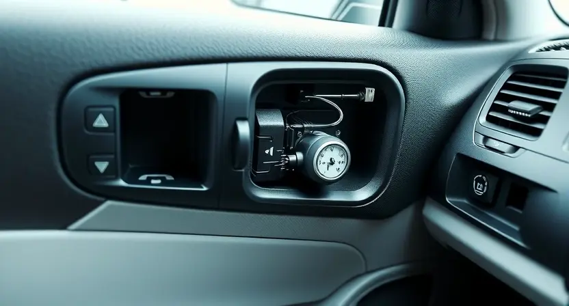 A detailed, realistic photograph of the interior of a car, specifically focusing on the passenger-side window control panel and the corresponding window mechanism. The image should clearly show the window motor, wiring, and any potential points of failure. The overall lighting should be bright and even, allowing for easy inspection of the components. The car interior should be clean and well-maintained, suggesting a focus on diagnostics.