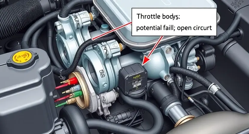 A detailed technical illustration of an automotive throttle body and its associated wiring harness. The image should highlight the wiring connections and the potential point of failure (open circuit). Focus on the internal components of the throttle body and the surrounding engine bay area. Use a clean, informative style suitable for a repair manual.