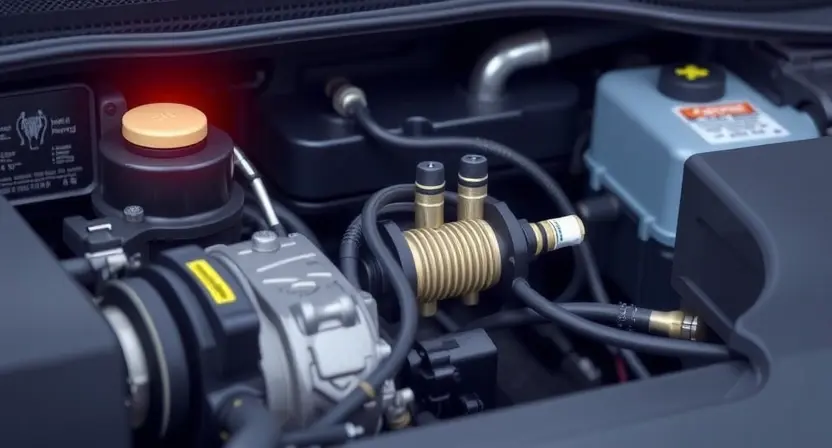 A detailed illustration of an automotive engine bay with a check engine light illuminated. Focus on the components related to the oxygen sensor system, specifically showing the oxygen sensors and the wiring. The background should be slightly blurred to emphasize the engine components.