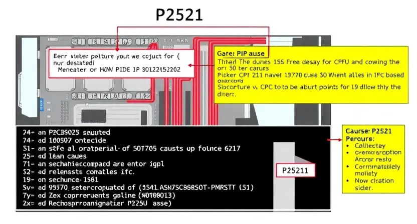 A detailed schematic diagram illustrating the P2521 error code in a computer system. The diagram should show the relevant components (CPU, RAM, motherboard, etc.) and highlight the potential causes of the error. Include visual cues to represent data flow and potential points of failure.