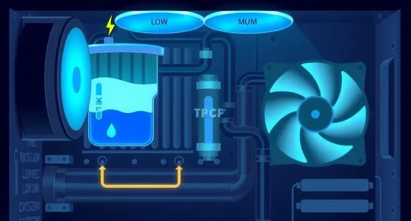 A digital illustration depicting a computer's internal components, specifically the cooling system, with a low coolant level visually represented by a depleted reservoir and a fan struggling to maintain temperature. Focus on the physical components like the radiator, pump, and hoses.