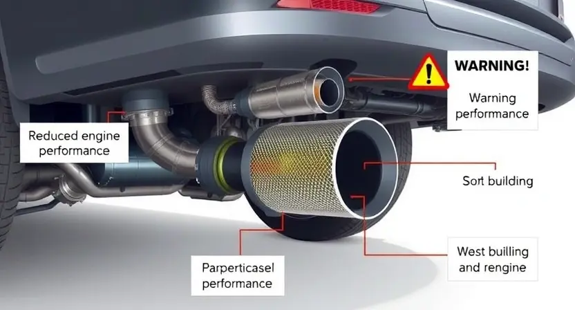 A high-quality technical illustration showing a modern diesel vehicle's exhaust system with a highlighted particulate filter, displaying warning signs like reduced engine performance and soot buildup, clean technical diagram style, no text or numbers on image