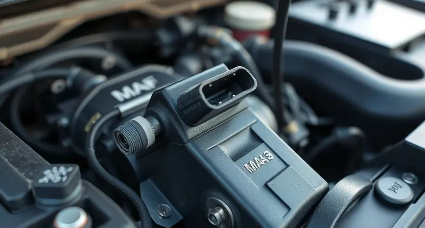 A close-up, detailed illustration of a car's engine bay, focusing on the mass airflow sensor (MAF sensor). The sensor should be clearly visible, with surrounding engine components subtly in focus. The overall lighting should be bright and clean, highlighting the sensor's details.