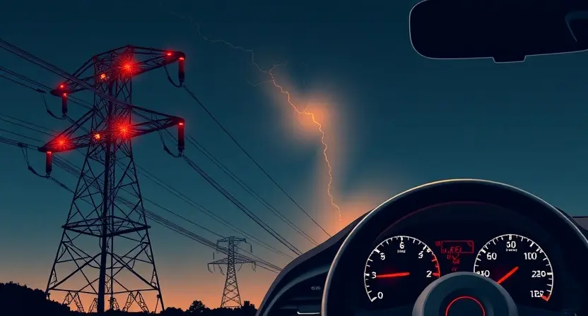 A high-voltage power line tower with glowing electrical arcs and warning signs, showing a technical illustration of a car dashboard with a warning light indicating high voltage, clean technical diagram style