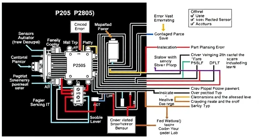 A detailed schematic diagram illustrating the P2805 error code in a vehicle's engine control unit (ECU). The diagram should show the relevant sensors, actuators, and wiring related to the error. Include visual cues indicating the cause of the error, such as a faulty sensor or a wiring issue.