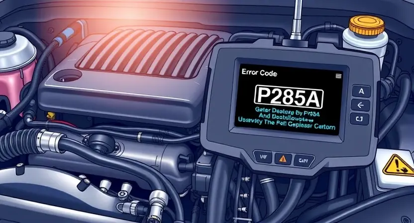 A detailed illustration of an automotive engine bay with a focus on the diagnostic interface displaying error code P285A. The engine should be partially visible, showcasing various components like hoses, wires, and sensors. The diagnostic interface should clearly show the error code and related information. The overall lighting should be bright and informative, highlighting the details of the engine and the interface.