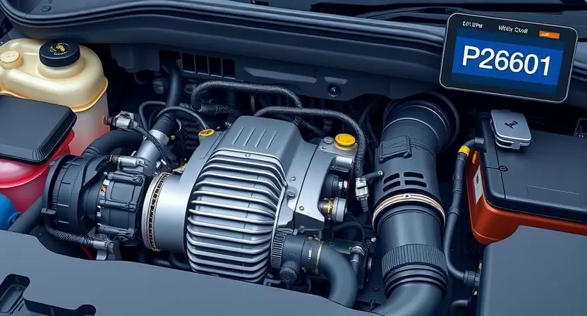 A detailed illustration of a car's engine bay, focusing on the cooling system components. Show a close-up of the electric water pump, with visible wiring and hoses. Include a digital representation of the error code P2601 displayed on a car's dashboard. The background should be slightly blurred to emphasize the engine components.