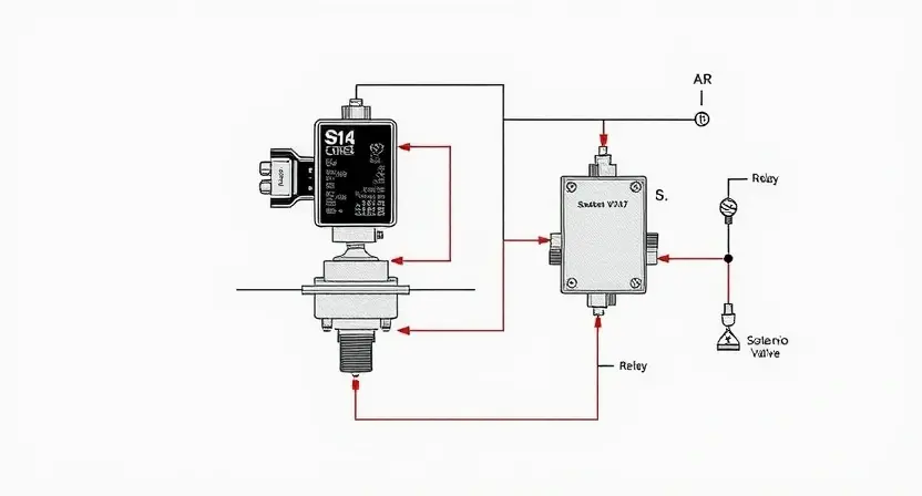 A detailed diagram illustrating a solenoid valve circuit. The diagram should clearly show the solenoid valve, wiring connections, relays, and any associated components like sensors or actuators. Use clear, distinct lines and labels to indicate each part and connection. The focus should be on the electrical connections and the flow of electricity through the circuit. The background should be plain white.