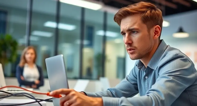 A modern office setting with a person working on a laptop. The person appears frustrated, looking at the screen with a concerned expression. Network cables are visible, slightly tangled, suggesting a connectivity issue. The overall lighting is professional and clean. Focus on the person's expression and the subtle visual cues indicating a technical problem.