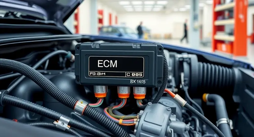 A detailed technical illustration showing a car engine with visible wiring harnesses and connectors, focusing on the Engine Control Module (ECM) labeled 'B', with one connector slightly detached or corroded to symbolize loss of communication, set against a clean automotive workshop background with soft lighting, no text or labels visible in the image