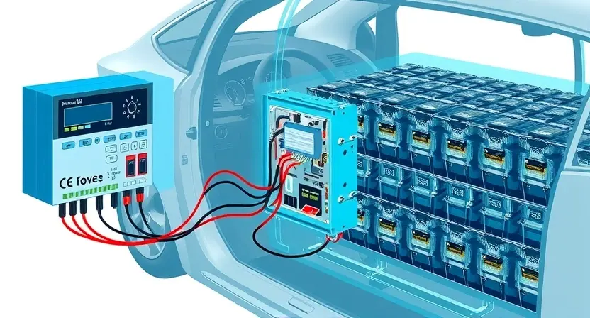 A detailed illustration of a modern electric vehicle's battery management system (BMS) interacting with the battery pack. The BMS should be visually represented as a sophisticated electronic control unit with various sensors and wiring connected to a large array of battery cells. The image should emphasize the communication and monitoring aspects of the BMS, showing data flow and control signals. The background should subtly suggest the vehicle's interior or exterior, but the focus should remain