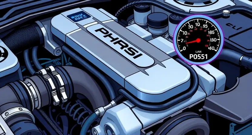 A detailed illustration of a car engine with a diagnostic code light illuminated on the dashboard. The engine should be realistically rendered, showcasing various components like the intake manifold, cylinders, and belts. The dashboard should clearly display the P0551 code. The overall color scheme should be automotive-themed, with metallic accents and a focus on clarity and precision.