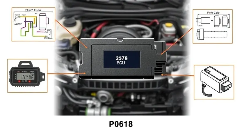 A detailed illustration of a car's engine control unit (ECU) with wiring diagrams and diagnostic tools surrounding it. Focus on the P0618 error code indicator light on the dashboard.