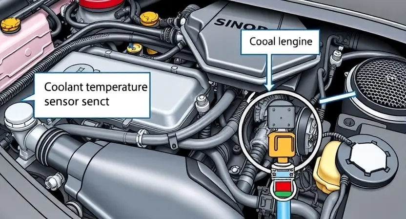 A detailed illustration of a car engine with a focus on the coolant temperature sensor and its connection to the engine control unit (ECU). The image should clearly show the sensor's location, wiring, and the surrounding engine components. The overall composition should be clean and informative, suitable for a technical guide.