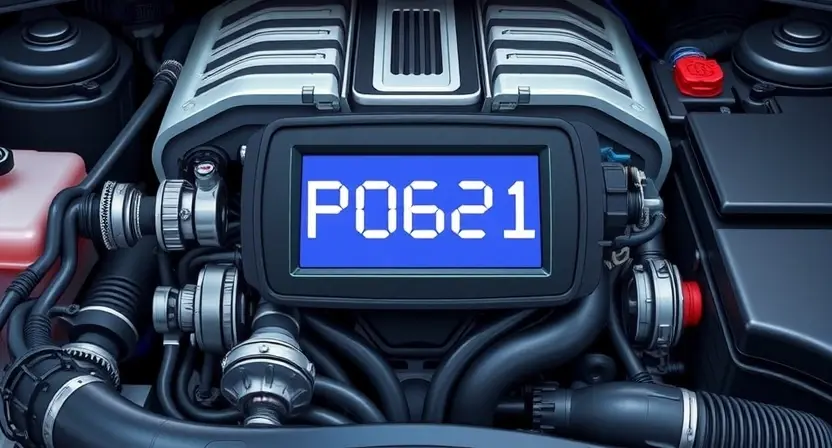 A detailed illustration of a car engine with the P0621 error code highlighted. The engine should be realistically rendered, showing various components like the camshaft, crankshaft, and sensors. The P0621 code should be displayed prominently on a digital dashboard or screen within the engine bay.