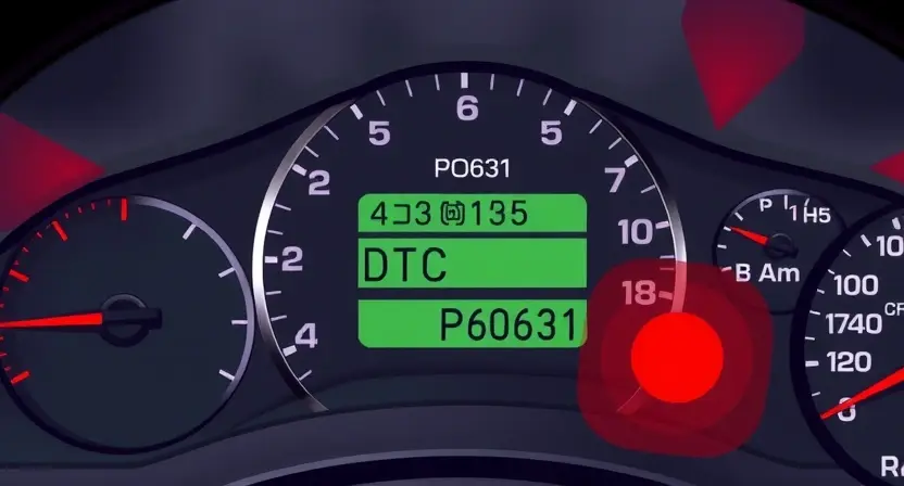A detailed, high-quality illustration of a car's dashboard with a check engine light illuminated. Focus on the diagnostic trouble code (DTC) P0631 displayed on the instrument cluster. Include visual cues suggesting a potential issue with the Transmission Control Module (TCM), such as a partially visible TCM component or wiring. The overall color scheme should be realistic and automotive-focused.