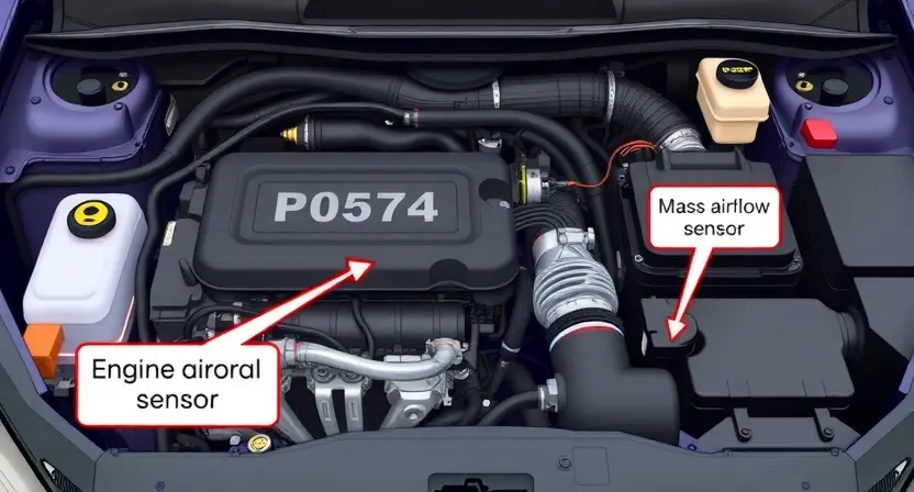 A detailed illustration of a car's engine bay, highlighting the engine control unit (ECU) and wiring harness. Focus on the components related to the P0574 error code, such as the mass airflow sensor and the crankshaft position sensor. The image should be clean and well-lit, with a technical aesthetic.