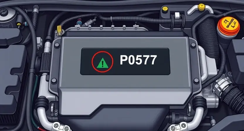 A detailed illustration of an engine control unit (ECU) with various sensors and wiring, highlighting the P0577 error code indicator. The background should be a clean, technical environment.