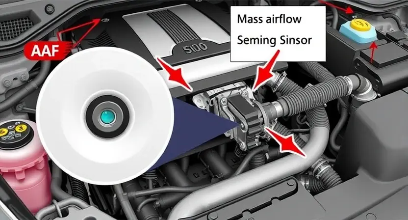 A detailed illustration of a car's engine bay, highlighting the Mass Airflow Sensor (MAF) and its connection to the engine control unit (ECU). Use arrows to indicate the airflow path and electrical signals. Focus on the sensor's physical appearance and its position within the engine system. The image should convey a sense of technical accuracy and clarity.