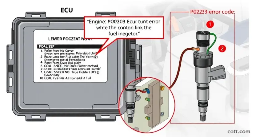 A detailed illustration of an engine control unit (ECU) with a highlighted fuel injector circuit. The image should show the wiring diagram and the injector itself, with a visual representation of the P0203 error code. Focus on technical accuracy and clarity.