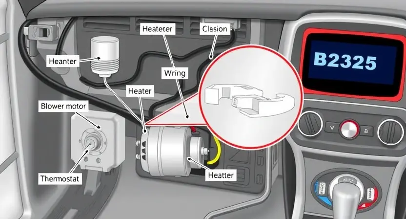 A detailed illustration of a car's heating circuit with a highlighted B2325 error code. Show the wiring, components (heater core, blower motor, thermostat), and a visual representation of the error code on a diagnostic screen. Focus on clarity and technical accuracy.