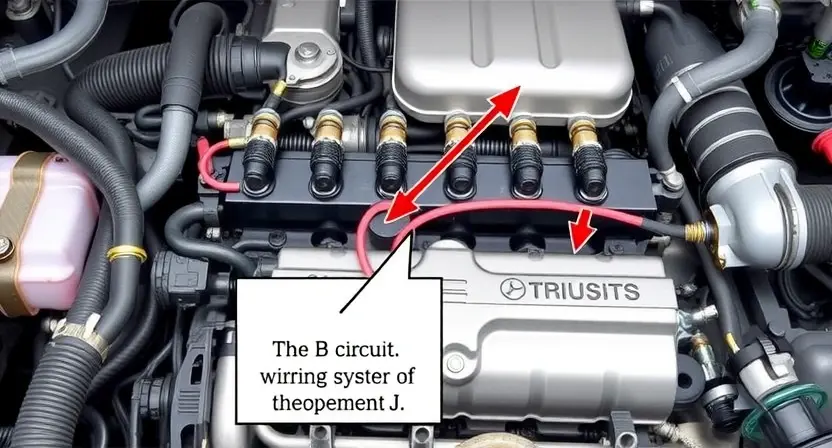 A detailed illustration of a car's fuel system, specifically focusing on the fuel rail and associated wiring. The image should clearly depict the fuel rail, fuel injectors, and the wiring harness connecting them. Include a visual representation of the 'B' circuit and its components. The background should be a clean, technical environment, possibly a workshop or engine bay.
