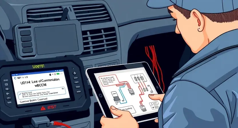 A professional automotive repair scene showing a technician diagnosing a vehicle's error code U0140, with a digital diagnostic tool displaying 'U0140: Loss of Communication with BCM', wiring diagrams on a tablet, and a car's Body Control Module highlighted, clean technical illustration, high detail, no text or numbers on image