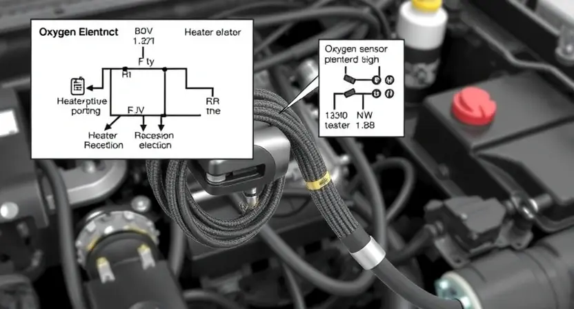 A detailed illustration of an automotive engine bay, focusing on the oxygen sensor heater circuit. Show the heater element, wiring, and connections clearly. Include a visual representation of the circuit diagram. The background should be slightly blurred to emphasize the components.