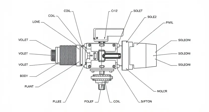 A detailed illustration of a solenoid control valve, showing its internal components like the coil, solenoid, valve body, and connections. The valve should be depicted in a technical drawing style, emphasizing precision and clarity. Include labels for each component.