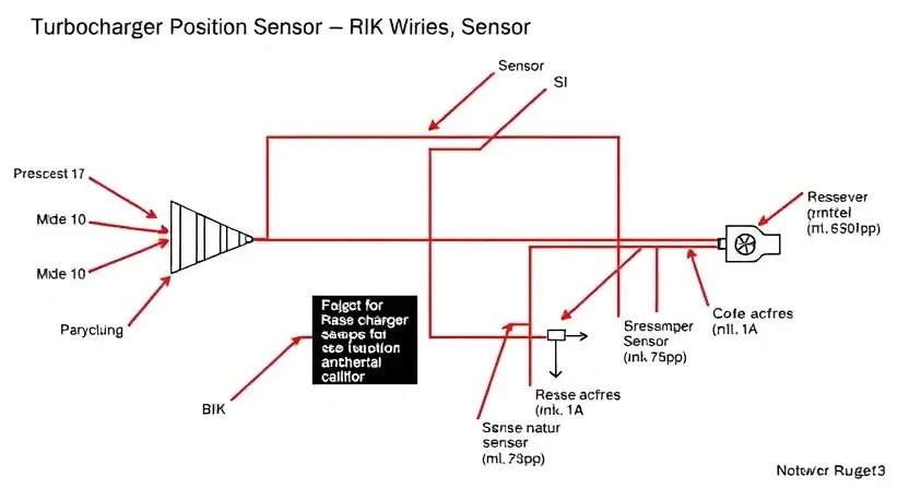 A detailed schematic diagram of a turbocharger position sensor circuit, highlighting the sensor, wiring, and potential points of failure. Include labels for each component and connection. Focus on a clean, technical illustration style.
