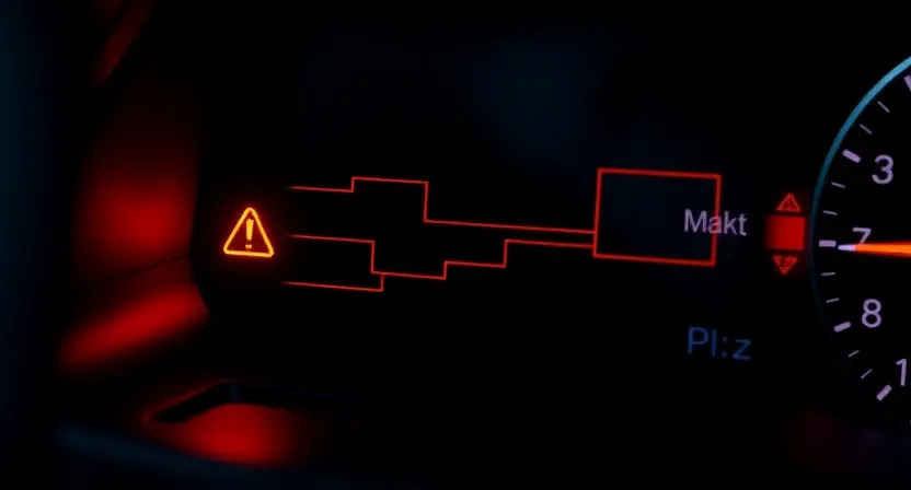 A car dashboard with a warning light indicating communication error, showing a symbolic representation of a lost connection between the gear selector module and the vehicle's electronic control unit, with subtle circuit-like lines fading out, dark automotive interior, soft red glow from the warning indicator, no text or labels visible