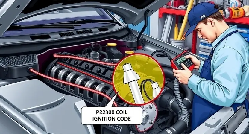 A detailed illustration of a car engine with a highlighted ignition coil, showing the internal components and wiring. The image should depict a mechanic inspecting the engine with diagnostic tools, emphasizing the area related to the P2300 error code. The scene should be set in a well-lit garage with various automotive tools and equipment in the background.