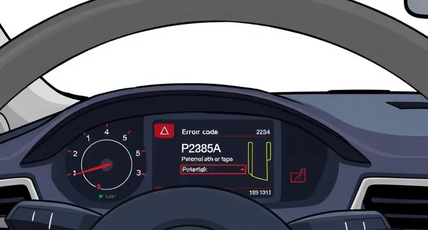 A detailed illustration of a car's dashboard with a diagnostic screen displaying error code P285A. The screen should show the code, a brief description, and potential causes. The dashboard should be well-lit and modern.