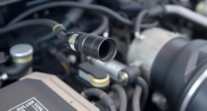 A close-up, detailed illustration of an engine bay with a focus on the Intake Air Temperature (IAT) sensor. The sensor should be clearly visible, along with associated wiring and hoses. The background should show other engine components, but blurred to keep the focus on the IAT sensor. The overall lighting should be bright and clean, highlighting the sensor's details.