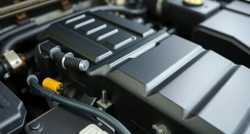 A close-up, detailed image of a car's engine bay. Focus on the mass airflow sensor (MAF sensor) and its surrounding components. The engine should appear clean and well-maintained. Use bright, even lighting to highlight the sensor's details.