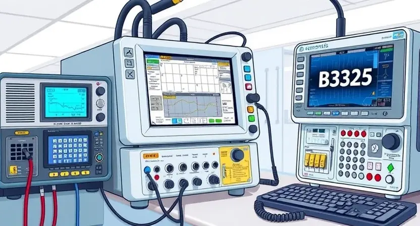 A detailed illustration of diagnostic equipment, specifically focusing on a B2325 error indicator and its associated components. The equipment should be realistically rendered, showcasing various tools and displays. The background should be a clean, professional laboratory setting.
