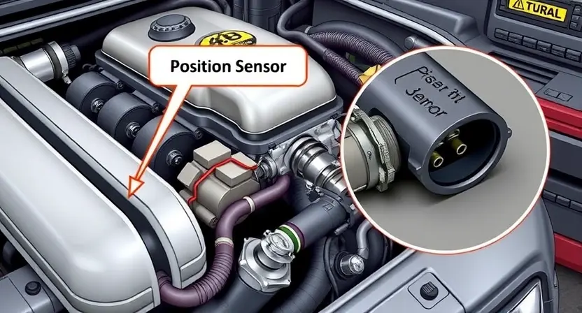 A detailed illustration of a car engine with a highlighted sensor labeled as 'Position Sensor'. The image should show the sensor's location and connections, with a focus on the wiring and potential points of failure. Include a close-up of the sensor itself, showing its components and how it might be damaged or malfunctioning. The background should feature a mechanic's toolbox and diagnostic equipment to emphasize the repair process.