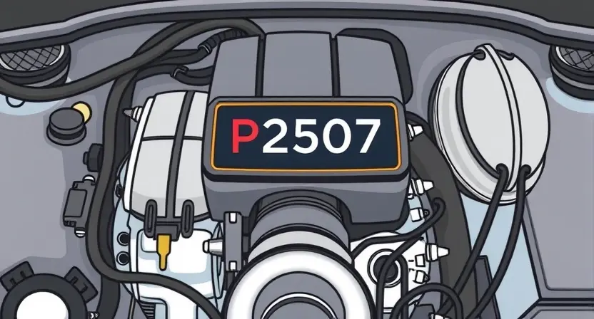 A detailed illustration of a car engine with a highlighted P2507 error code displayed on a dashboard screen. The engine should be realistically rendered, showing various components like pistons, cylinders, and belts. The dashboard should be clean and modern. Focus on the error code display for clarity. The overall image should convey a sense of technical diagnostics and automotive repair.