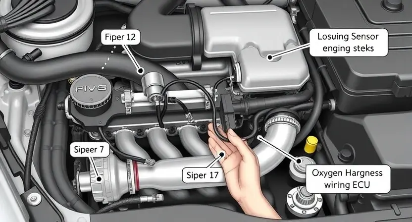 A detailed diagram illustrating a car's engine with a focus on the oxygen sensor and its associated wiring. The diagram should clearly show the sensor's location in the exhaust system, the wiring connecting it to the engine control unit (ECU), and the flow of exhaust gases. Include labels for key components like the oxygen sensor, wiring harness, ECU, and exhaust manifold. The overall image should be clean, professional, and informative, suitable for a repair manual or diagnostic guide. The colo