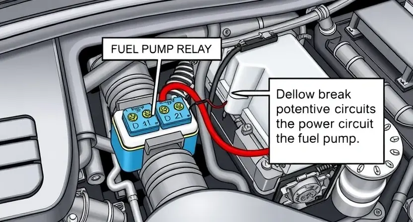 A detailed illustration of a car engine bay, focusing on the fuel pump relay and its connection to the fuel pump. The relay should be clearly visible, with wires and connectors highlighted. Show the potential break in the power circuit to the fuel pump.