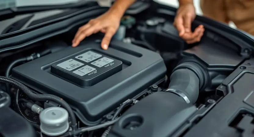 A close-up, detailed image of a car engine bay with a mechanic inspecting the engine. Focus on the engine control unit (ECU) and related sensors. The engine should appear clean and well-maintained. The mechanic should be wearing professional attire (e.g., a uniform or coveralls).