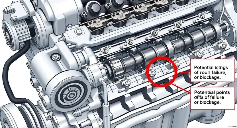 A detailed technical illustration of an internal combustion engine's camshaft system. Focus on the camshaft, lifters, pushrods, and valve train components. Show a close-up view highlighting potential points of failure or blockage, such as debris or wear. The engine should be clean and well-lit, emphasizing the mechanical details.