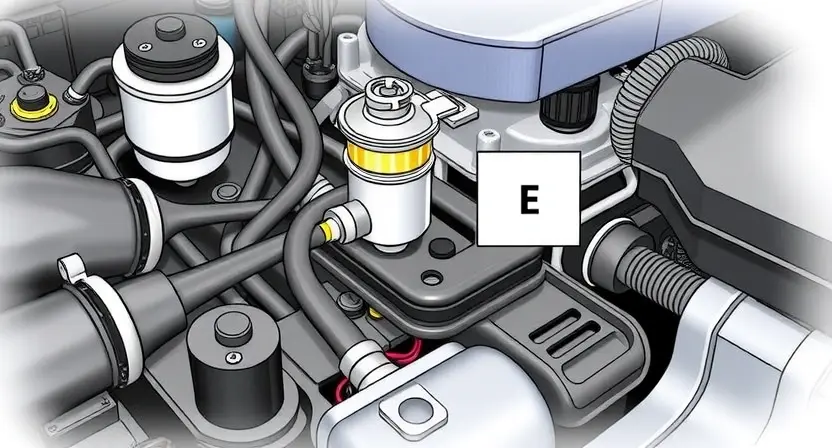 A detailed illustration of an automotive engine compartment, focusing on the solenoid valve (E) and its connection to the pressure system. The image should clearly show the solenoid valve, hoses, and wiring. The background should be slightly blurred to emphasize the components.