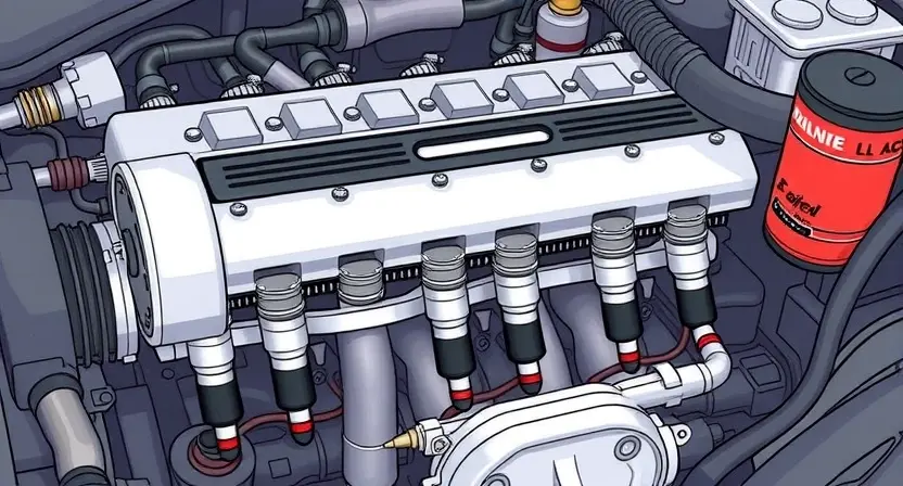 A detailed illustration of an automotive engine's fuel system, specifically highlighting the fuel injectors and air intake manifold. The image should visually represent an overly rich fuel mixture, perhaps with subtle visual cues like a slightly darker color or a visual representation of excess fuel. Focus on the engine components related to fuel delivery and air intake.