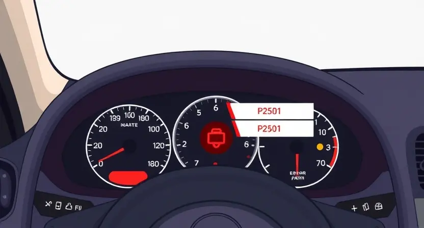 A detailed illustration of a car dashboard with various warning lights illuminated, specifically highlighting the P2501 error code indicator. The image should show a driver's perspective with a focus on the dashboard, including the speedometer, tachometer, and other gauges. The car's interior should be modern and clean, with a neutral color scheme. The scene should convey a sense of urgency or concern, as the driver notices the warning light.