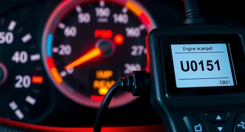 A close-up of a car dashboard with a glowing check engine light and a diagnostic scanner connected to the OBD-II port, displaying the error code U0151 on its screen, with subtle digital circuit patterns in the background, realistic lighting, high detail, automotive theme