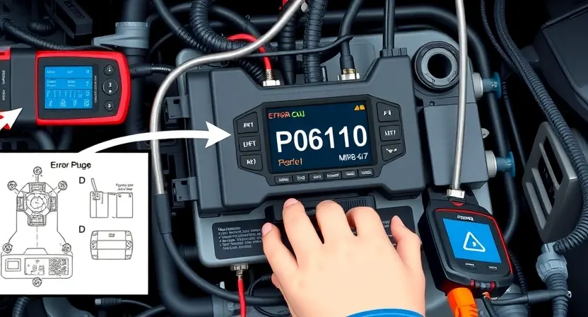 A detailed illustration of an engine control unit (ECU) with various diagnostic tools connected. Focus on the ECU's display showing an error code P0610. Include wiring diagrams and a mechanic's hands working on the ECU.