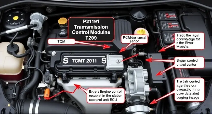 A detailed diagram illustrating the internal components of a car engine, specifically highlighting the P2191 error code related to the transmission control module. Show connections between sensors, the TCM, and the engine control unit (ECU). Use clear labels and arrows to indicate data flow. Focus on the mechanical and electrical aspects of the system.