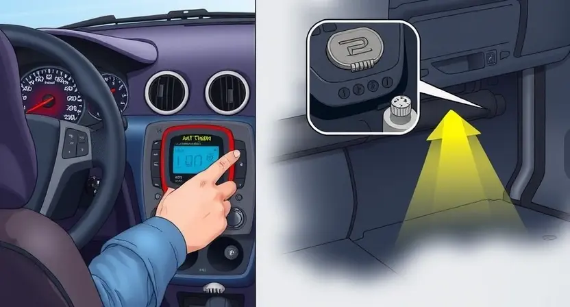 A detailed illustration of a car's interior with a focus on the floor sensor area. Show a mechanic using a diagnostic tool to check the sensor, with various dashboard warning lights illuminated. Include a close-up of the sensor itself and a side view of the car's undercarriage to show the sensor's location.