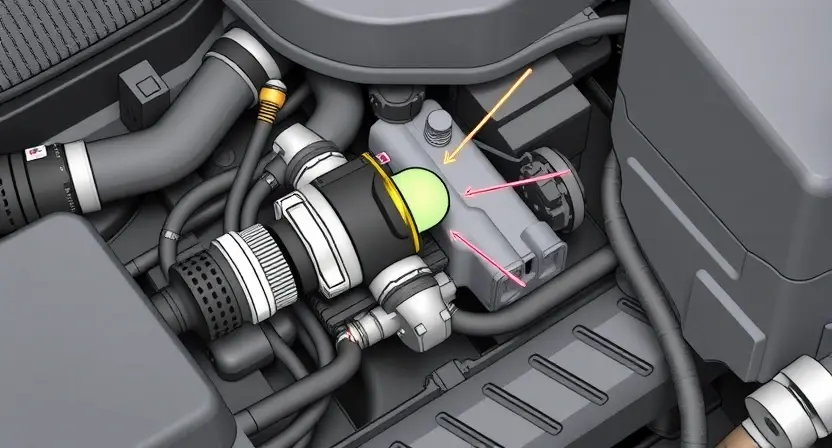 A detailed illustration of an engine's fuel injection system, highlighting the fuel injector and its connection to the engine block. Include visual cues representing the error code P268A (fuel injector calibration fault) with a subtle, symbolic representation (e.g., a broken connection or a flashing light). Focus on technical accuracy and clarity.